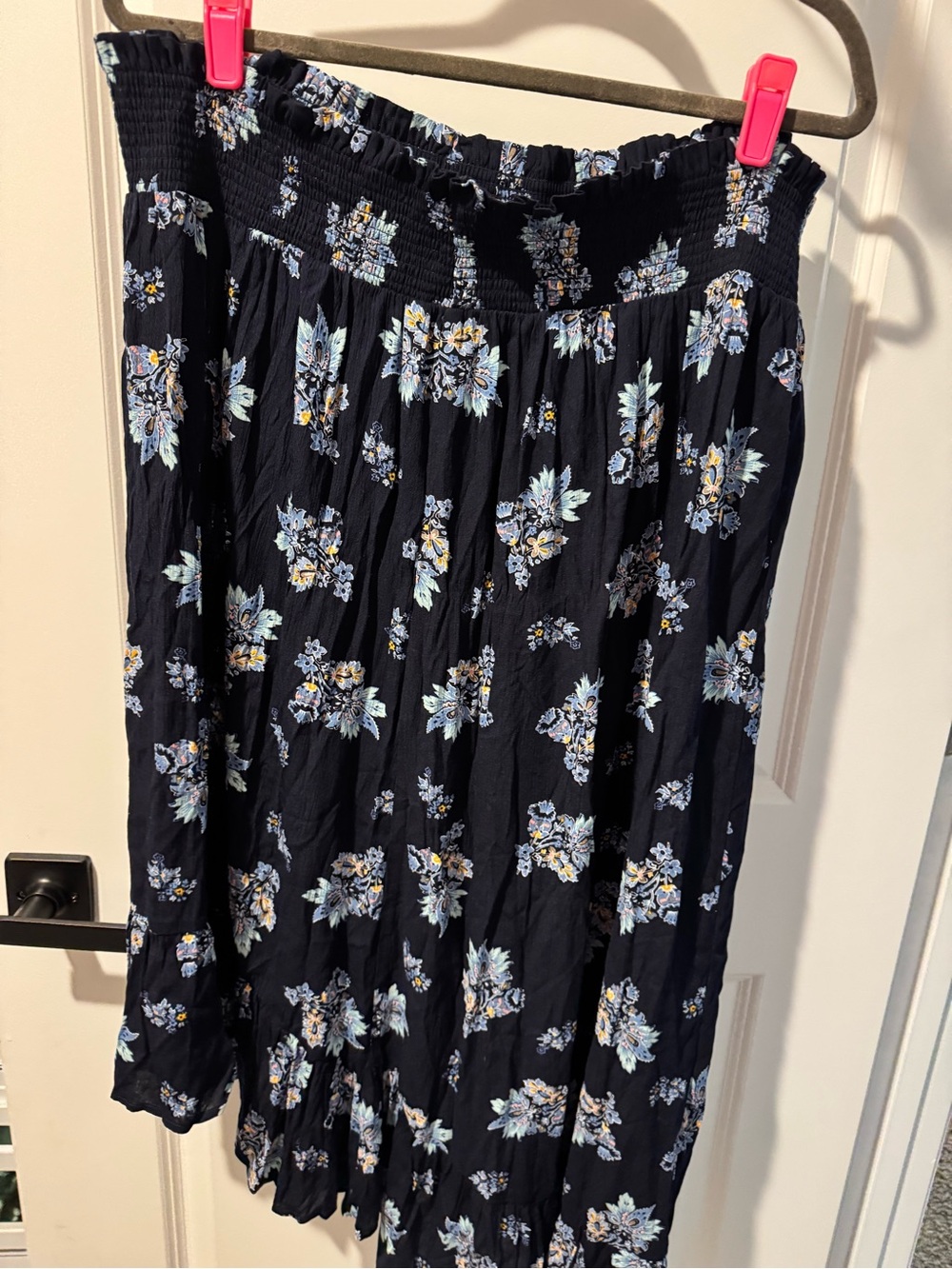 Black Floral Smocked Waist Midi Skirt